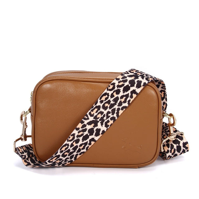 Daisy Tan Crossbody Bag with Cheetah Strap