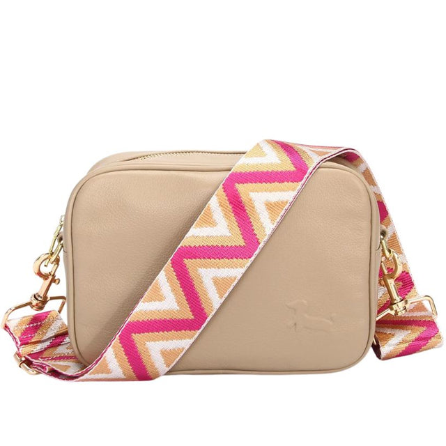 Pearl Taupe Crossbody Bag with Pink Chevron Strap