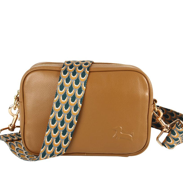 Daisy Tan Crossbody Bag with Green Peacock Strap