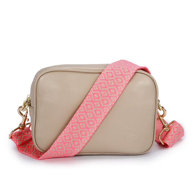 Pearl Taupe Crossbody Bag with Pink Diamond Strap